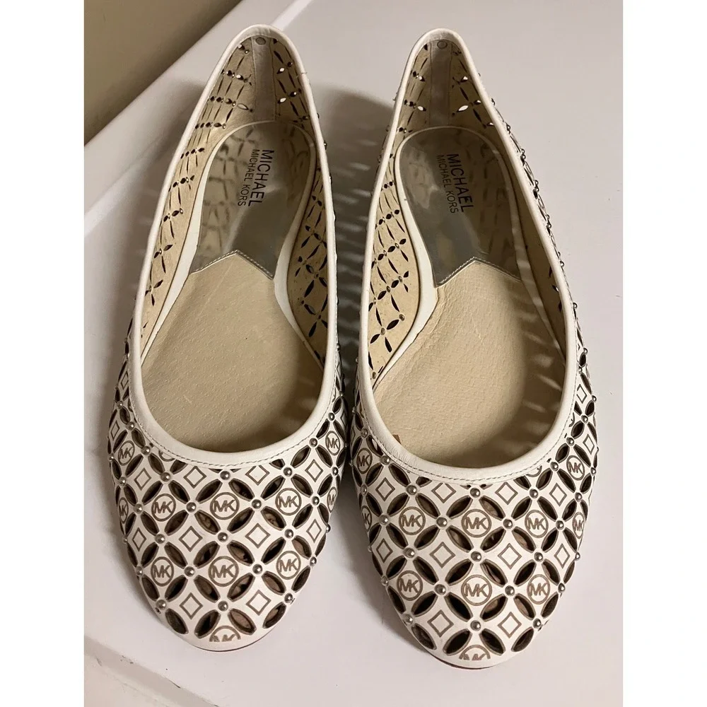 Michael‎ Kors Womens White Leather Laser Cut Studded Ballet Flats 10M PW13K